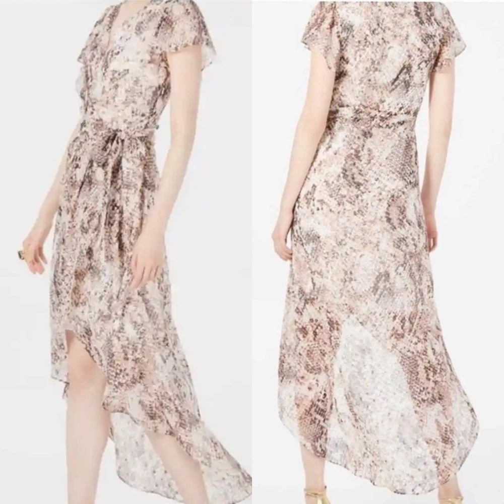 Julia Jordan Blush Snakeskin Print Metallic Rose Gold High Low Wrap Dress
